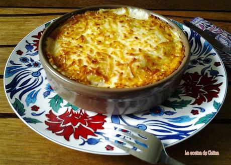 Berenjenas a la crema con gambas y jamón.