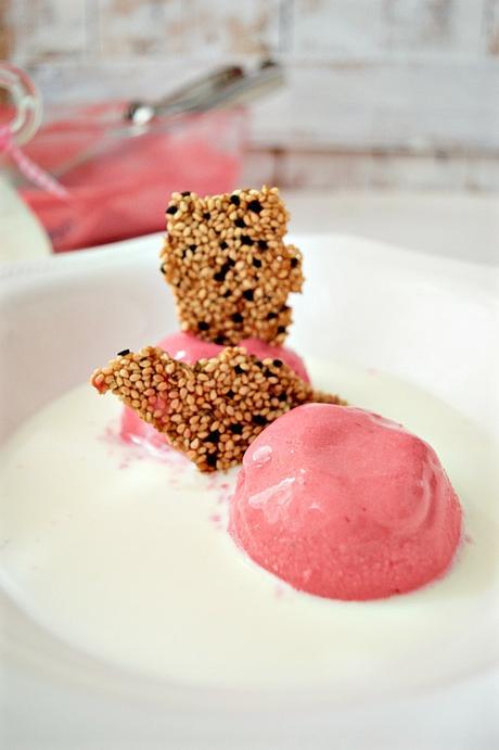 Sopa de chocolate blanco con helado de frutos rojos y galleta de sésamo