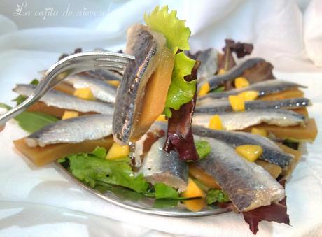 Ensalada de canelones de nectarina y sardinas marinadas versionando a Yayo Daporta