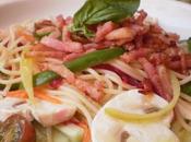 Ensalada espagueti verduras, bacon crujiente aroma limon