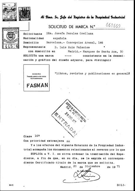 Solicitud distintivo FASMAN Ministerio de Industria, Energía y Turismo. Oficina Española de Patentes y Marcas. Archivo Histórico, Exp. Nº M0661669.