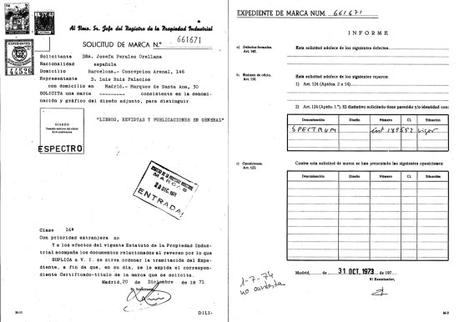 Marca ESPECTRO, solicitud e informe Ministerio de Industria, Energía y Turismo. Oficina Española de Patentes y Marcas. Archivo Histórico, Exp. Nº M0661671.
