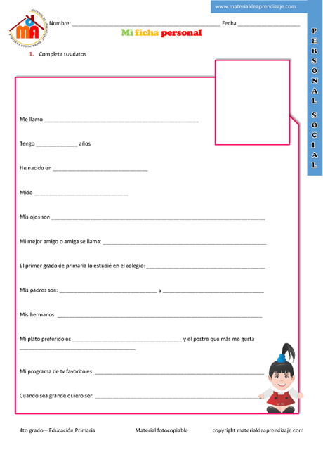 Mi ficha personal 4to grado Mi ficha personal