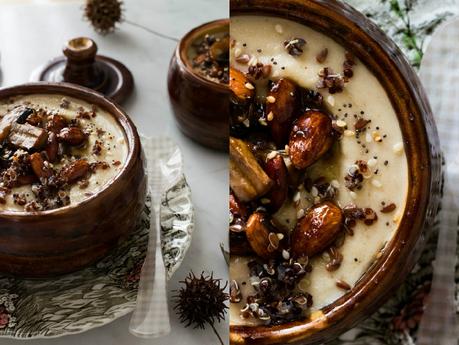 SOPA DE COLIFLOR CON PORTOBELLOS,QUINOA ROJA, ALMENDRAS CARAMELIZADAS Y MEZCLA DE SEMILLAS