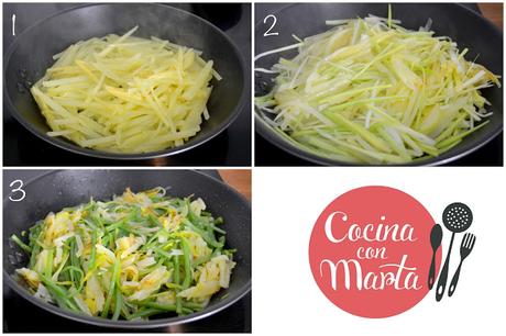 Receta de salteado de judías verdes, puerro, patatas y huevo pochado, poche, escalfado, nido, papel film. Fácil, rápida, sana, ligera.