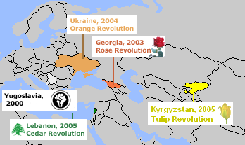 Mapa donde se pueden ver las cinco principales revoluciones de colores. La Revolución de los Cedros en Líbano se queda fuera de este análisis por no producirse en un espacio postsoviético o donde Rusia tenga intereses geopolíticos relevantes.