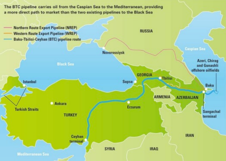 El color llega a los espacios postsoviéticos El proyecto BTC conecta Baku con Ceyham, vía Tibilisi. La ausencia de Armenia del proyecto se explica debido a las malas relaciones de este país con Azerbayán