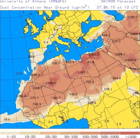 España: Intrusión de polvo africano 27-junio-2015 (Pronóstico)