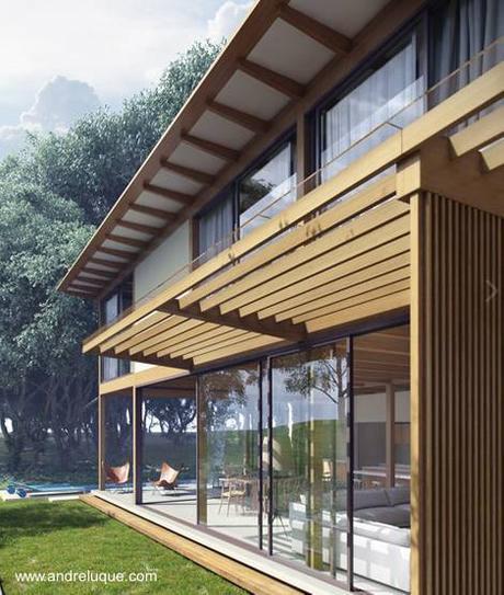 Casa de campo de dos pisos hecha de madera diseño tropical en Brasil.