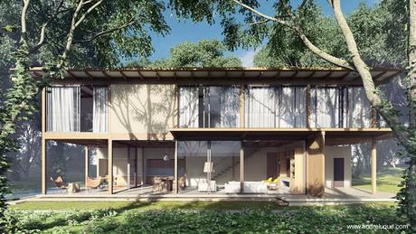 Casa de campo de dos pisos hecha de madera diseño tropical en Brasil.