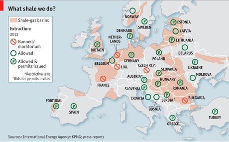 Situación legal del fracking para depósitos de gas natural en Europa. Fuente: The Economist