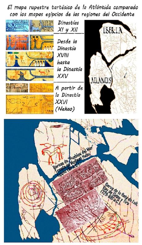 Interpretación y coloroeado del mapa rupestre hallado en Badajoz, en pleno territorio tartésico, no muy lejos de Cancho Roano, que ha sido datado hacia los siglos XIV o XIII a. C., por los tipos de barcos.