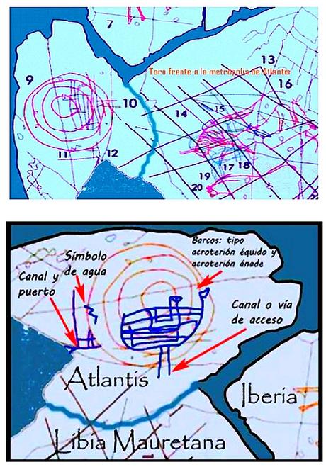 Detalles e interpretación del mapa rupestre hallado en Badajoz, no muy lejos de Cancho Roano, con isla delante de lo que sería el estrecho de Gibraltar, frente a Iberia y Marruecos, con un símbolo de la posible ciudad circular concéntrica de Atlantis, con canales y barcos navegando dentro. La foto de abajo está girada 90º a la derecha.