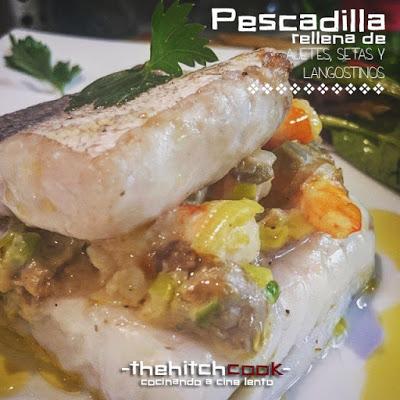 PESCADILLA RELLENA DE AJETES, SETAS Y LANGOSTINOS (Video-receta)