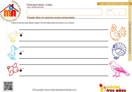 Trazado libre en caminos rectos horizontales 1: grafomotricidad 3 años