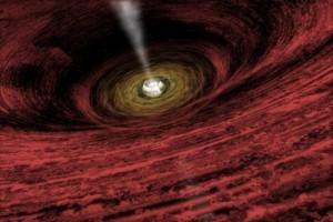 Ilustración artística de un agujero negro supermasivo en el Universo primitivo. Crédito: NASA/CXC/A.Hobart.