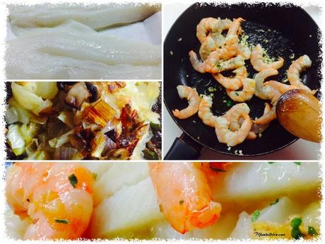 Lenguado al horno sobre crema de puerros y langostinos