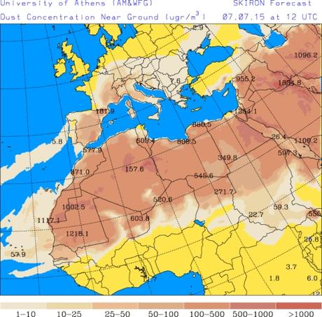 España: Intrusión de polvo africano 7-julio-2015 (Pronóstico)