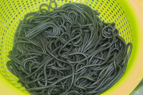 Pasta de sepia con pollo al ajillo