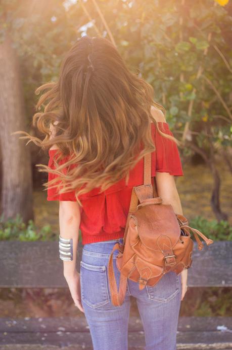 red shoulder off crop top