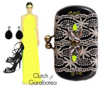 BOLSO JOYA STRASS FLUOR AMARILLO ENCAJE