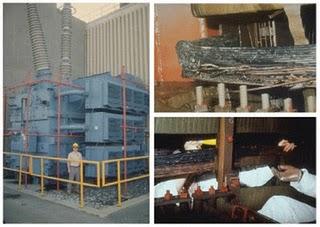 Fotografías de los daños permanentes al Transformador Elevador de Voltaje de la Planta Nuclear de Salem, Nueva Jersey, ocasionados por la tormenta geomagnética que ocurrió el 13 de marzo de 1989