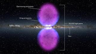 Ilustración artística que muestra las gigantescas burbujas que se extienden aproximadamente 50.000 años-luz, la mitad del diámetro de la Vía Láctea