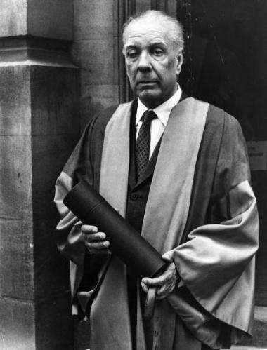 1970:  Blind Argentinian writer Jorge Luis Borges (1899 - 1986) after receiving his Doctorate of Letters from Oxford University.  (Photo by Keystone/Getty Images)