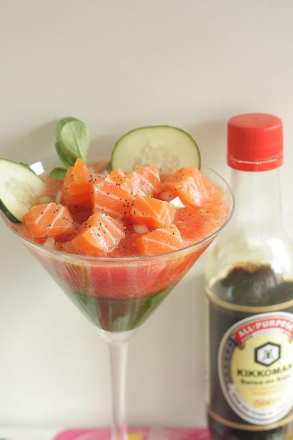 GELATINA DE ESPINACAS, GRANIZADO DE TOMATE CON SOJA Y SAKE Y DADOS DE ATÚN