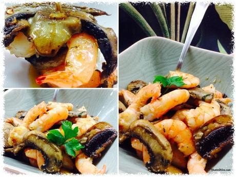 Ensalada de champiñones y langostinos al ajillo Ensalada de champiñones y langostinos al ajillo