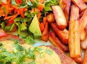 Hamburguesas vegetales pimienta Vegesan salsa melocotón yuca frita