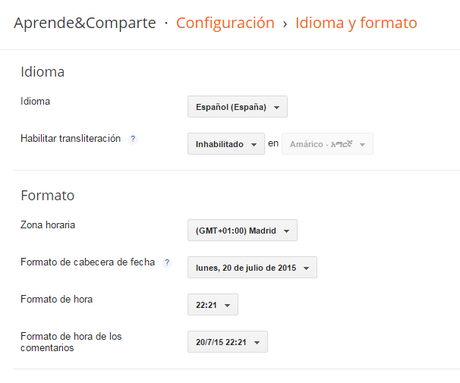 configuracion blogger idioma formato