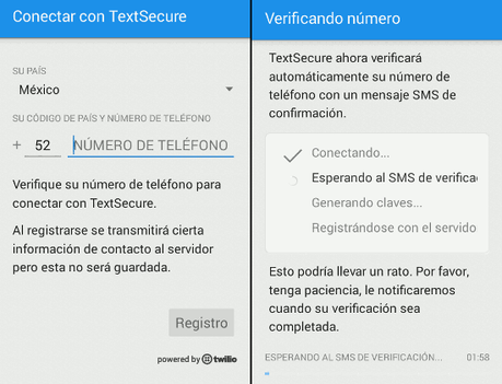 Al igual que con Redphone, es necesario registrar tu número con TextSecure para empezar a usarlo. A partir de este punto, no es posible realizar capturas de pantalla de la aplicación