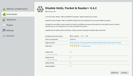 Deshabilitar Pocket y Hello en Firefox