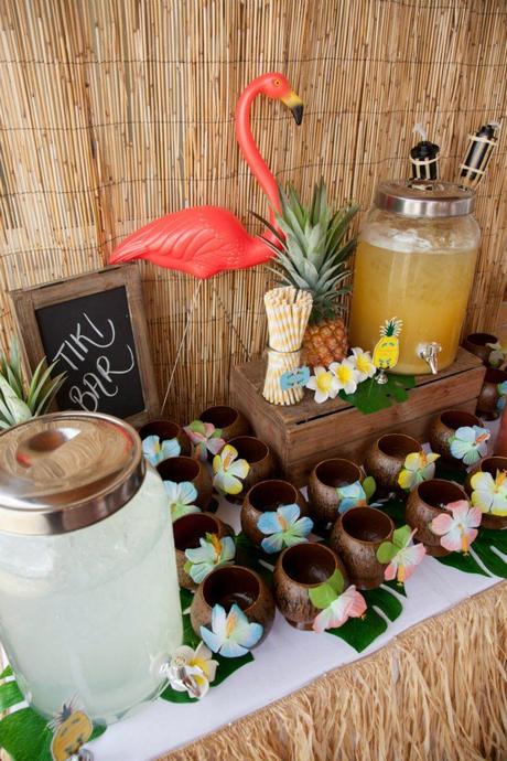 Hawaiian party drinks table - flamingo / luau...don't forget to use the beach mats we have in closet