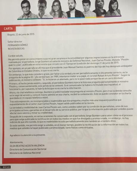 Carta del Ministerio de Defensa a Fernando Gómez, director de la Revista Bocas