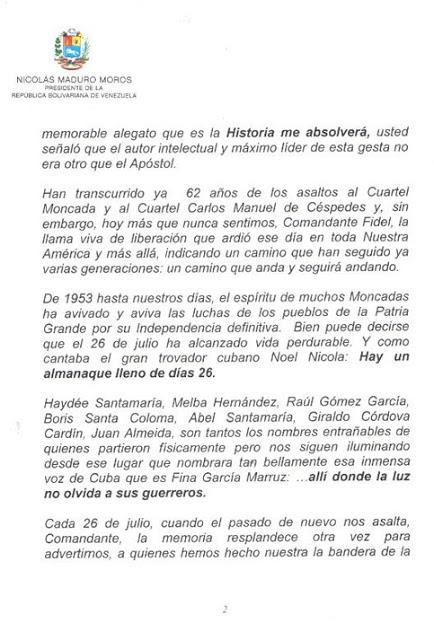 Carta de Maduro a Fidel Castro por 62 años del asalto al cuartel Moncada