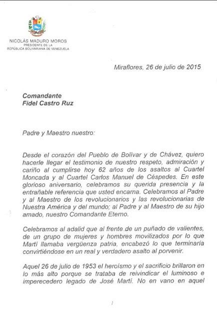 Carta de Maduro a Fidel Castro por 62 años del asalto al cuartel Moncada