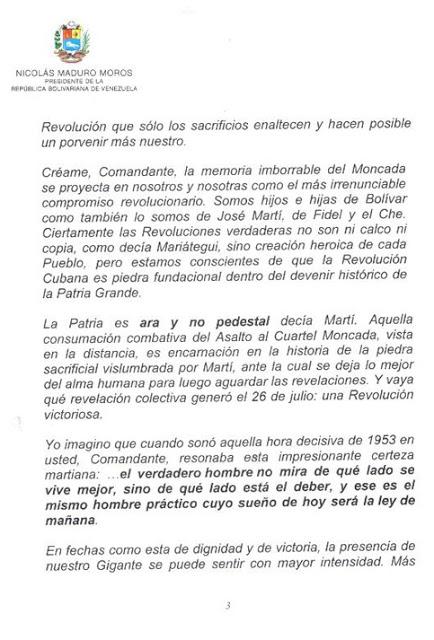 Carta de Maduro a Fidel Castro por 62 años del asalto al cuartel Moncada