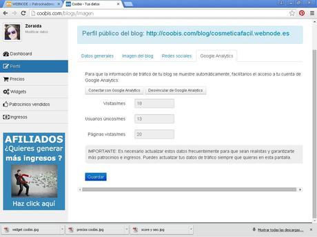 Coobis, plataforma para monetizar blogs con patrocinadores. Perfil en Coolis. Google Analytics