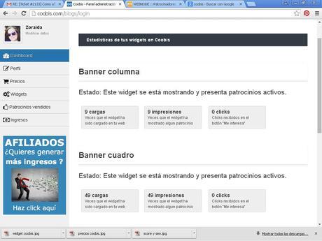 Coobis, plataforma para monetizar blogs con patrocinadores. Dashboard. Estadísticas de los widgets en Coolis