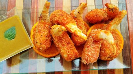 Gambas vegetales al coco con vinagreta de naranja y mostaza