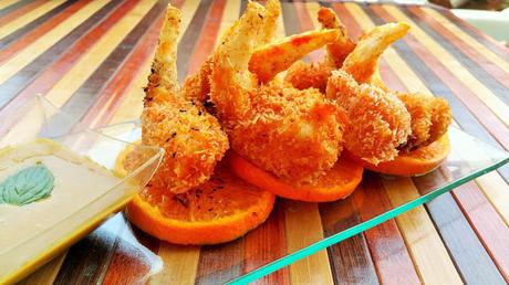Gambas vegetales al coco con vinagreta de naranja y mostaza