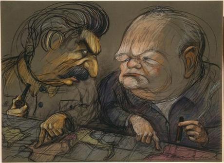 Caricatura de Stalin y Churchill repartiendose Europa