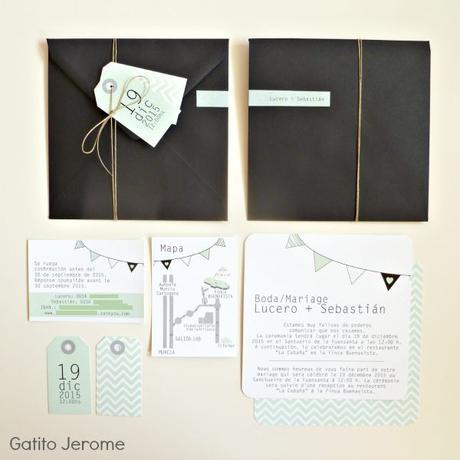 Invitacion de boda guirnalda, verde negro y gris, con hilo de cañamo