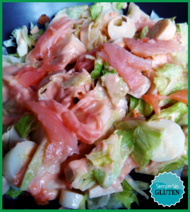 Ensalada de palmitos y salmón con salsa rosa vegana(Sin Gluten, Sin Lácteos, Sin Huevo)