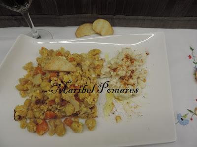 Garbanzos con coliflor, zanahoria, calabaza y huevo.