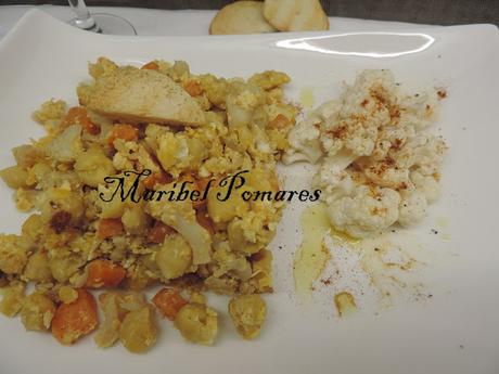 Garbanzos con coliflor, zanahoria, calabaza y huevo.