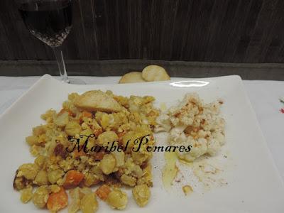 Garbanzos con coliflor, zanahoria, calabaza y huevo.