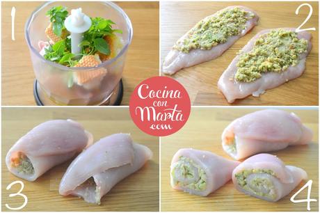 Receta Rollitos de pollo rellenos de pesto. Fácil, rápida, niños. Cocina con Marta.
